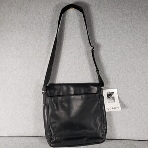 NWT Coach‎ Black Leather Messenger Crossbody Bag Adjustable Strap Buckle Unisex